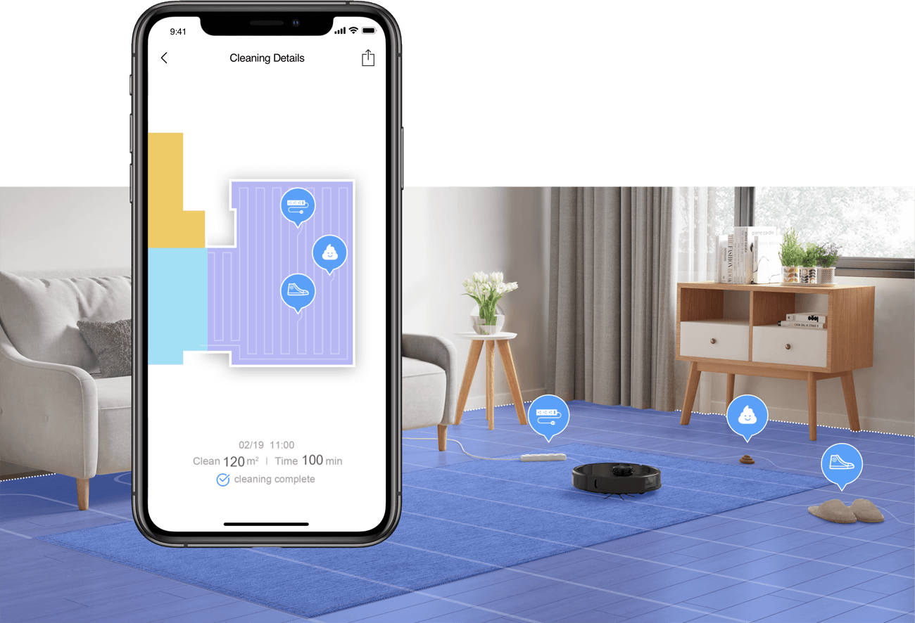 Aplikacja na telefonie pokazuje plan pomieszczenia oraz przeszkody, które napotyka odkurzacz Roborock.